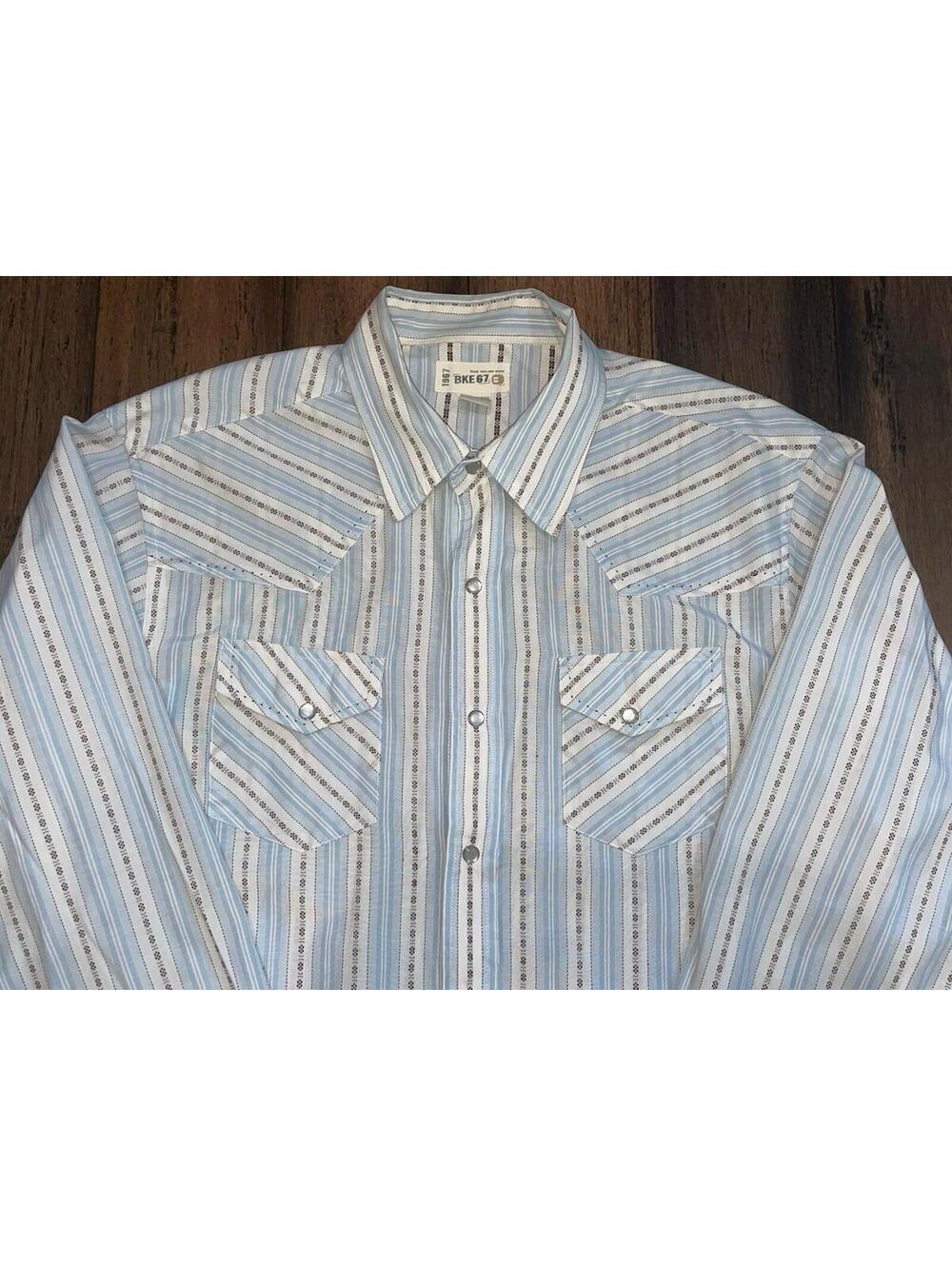 BKE 67 Men’s XXL Western Shirt Pearl Snaps Double Pockets Blue stripes Yeehaw!